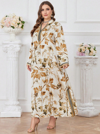 TOLEEN Рокля от шифон с флорална щампа, V-образно деколте, дълги ръкави, А-линия