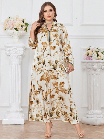 TOLEEN Рокля от шифон с флорална щампа, V-образно деколте, дълги ръкави, А-линия