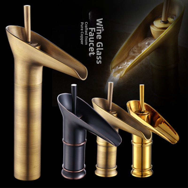 Меден смесител за умивалник с керамична дискова вентила, повдигащ механизъм, гореща и студена вода, монтаж седящ, вход/изход M10, антична повърхност