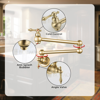 Sieninis sulankstomas pasukamas virtuvės plautuvės maišytuvas, varinis, dviejų rankenėlių, keramikinis vožtuvas, 0–90°C