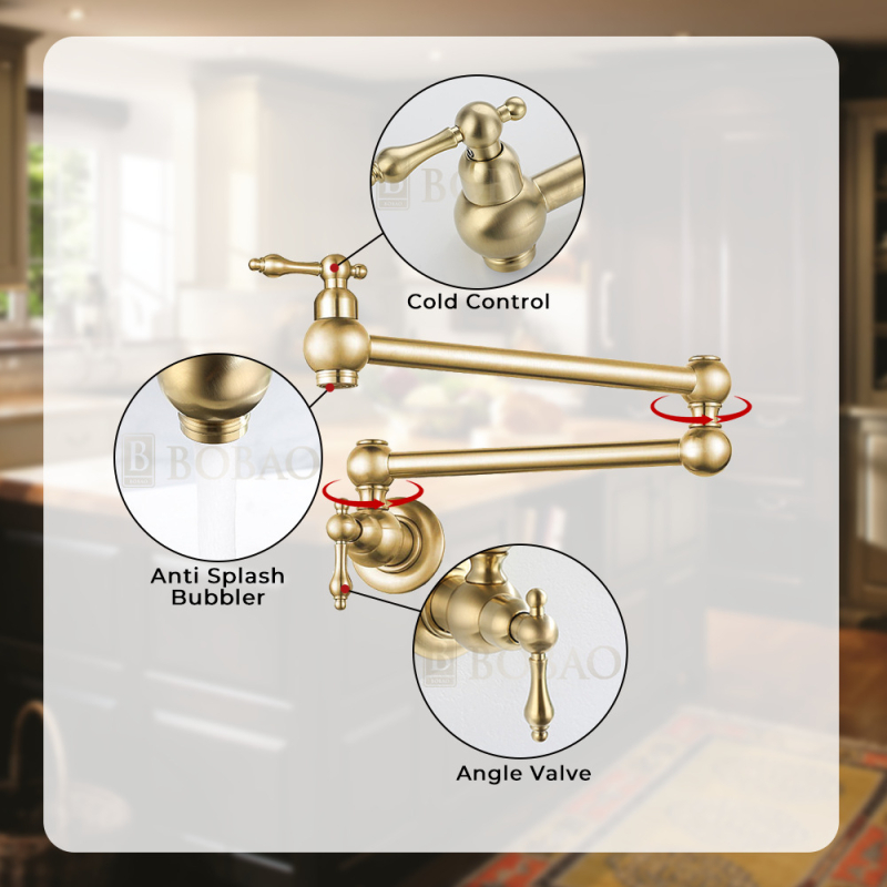 Sieninis sulankstomas pasukamas virtuvės plautuvės maišytuvas, varinis, dviejų rankenėlių, keramikinis vožtuvas, 0–90°C