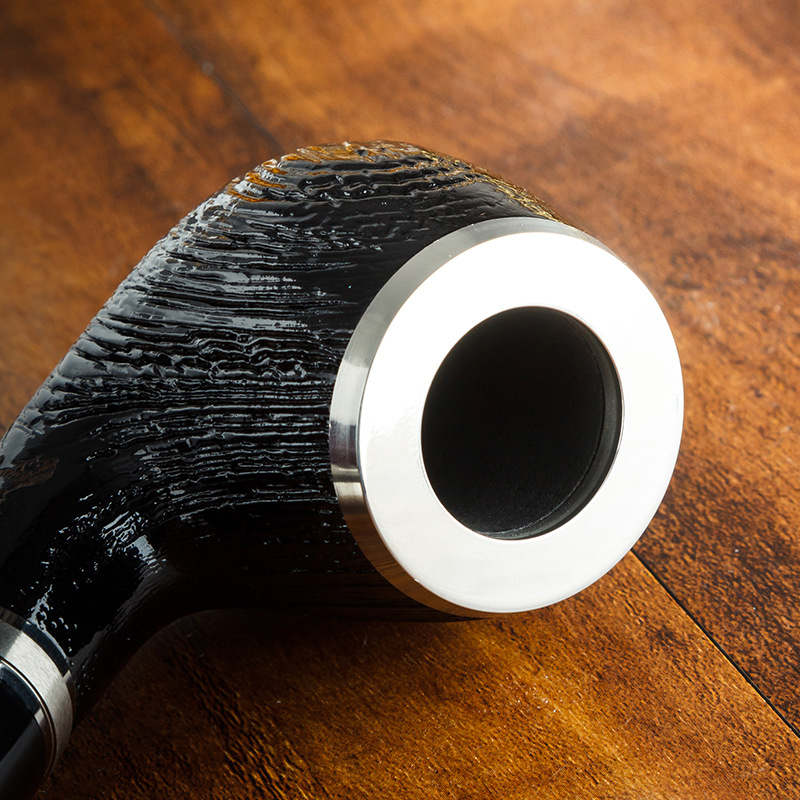 Lubinski Ebony Pypė su dvigubu sidabro žiedu, smėlio apdaila, tiesioji ir lenktoji pypė, šiuolaikinis minimalistinis stilius