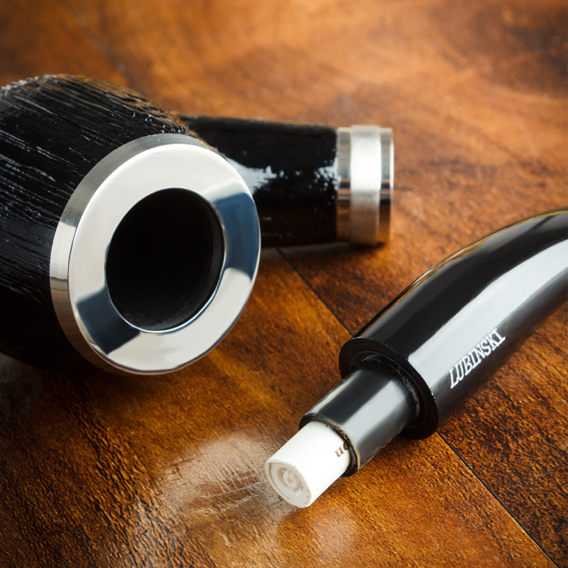 Lubinski Ebony Pypė su dvigubu sidabro žiedu, smėlio apdaila, tiesioji ir lenktoji pypė, šiuolaikinis minimalistinis stilius