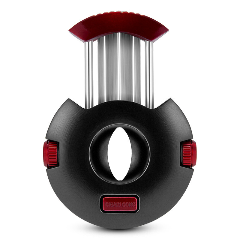 Cigāru šķēres ar V-veida nerūsējošā tērauda asmeni un slēgtu divu diametru urbjamo asmeni – roku darbs, pielāgojamas