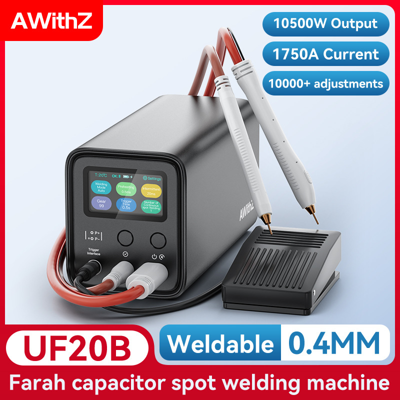 AWithZ UF20B pulsni točkasti zavarivač – napajanje baterije, ulaz 100–240V, automatno/ručno upravljanje s pedalom, impulzno zavarivanje, prikladno za bakar, aluminij, nikl ploče i cilindrične baterije