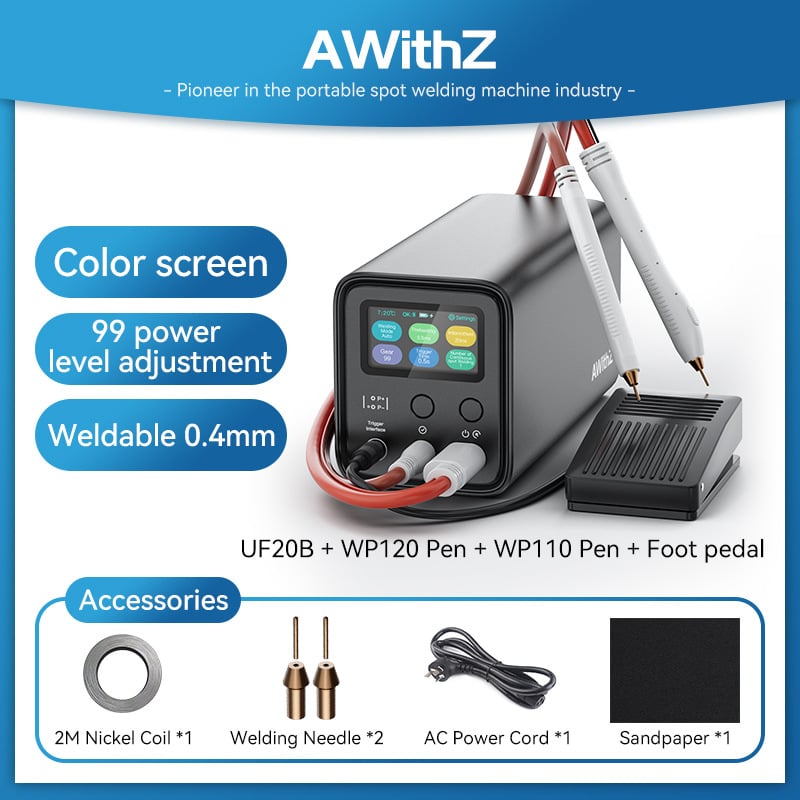 AWithZ UF20B – aparat de sudură prin puncte cu impulsuri, alimentare pe baterie, intrare 100–240V, control automat/manual cu pedala, potrivit pentru cupru, aluminiu, foi de nichel și baterii cilindrice