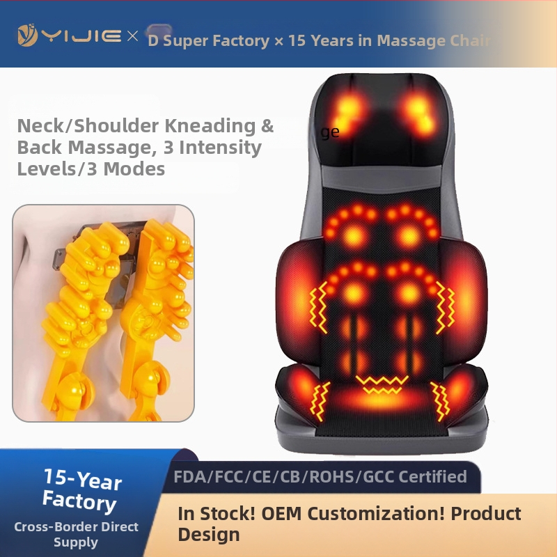 Jastučić za masažu vrata, leđa i struka — automatski masažni jastučić za stol, 6+ glavica, 3. stupanj, topli kompres, AC napajanje