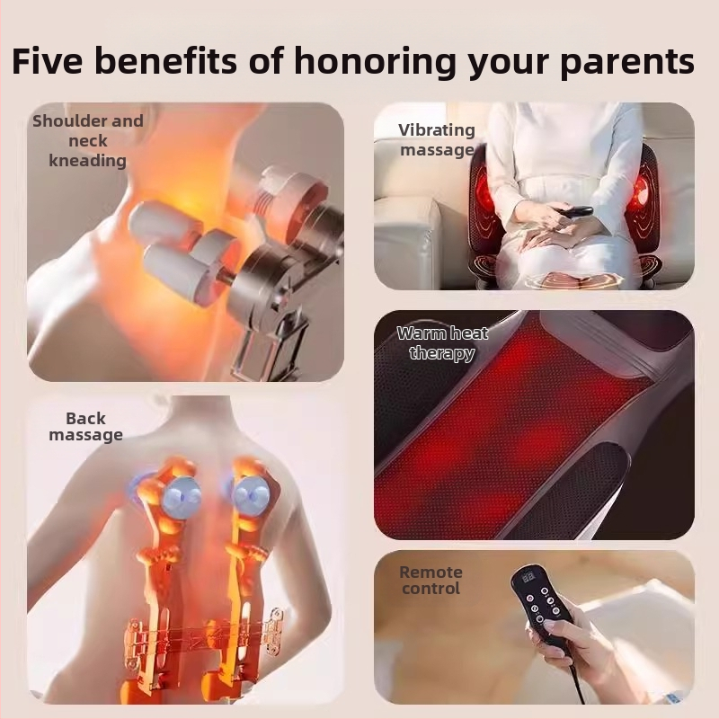 Масажна възглавница за шия, гръб и пояс — автоматичен месещ масажор за стол, 6+ глави, 3-та степен, горещ компрес, захранване с променлив ток
