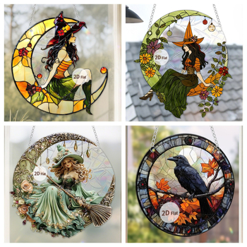 Κρεμαστό διακοσμητικό παραθύρου για το Χάλοουϊν σε σχήμα φεγγαριού με μάγισσα και κοράκι, ακρυλικό 2D με εκτύπωση στην επιφάνειά του