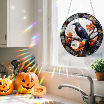 Κρεμαστό διακοσμητικό παραθύρου για το Χάλοουϊν σε σχήμα φεγγαριού με μάγισσα και κοράκι, ακρυλικό 2D με εκτύπωση στην επιφάνειά του