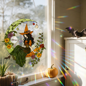 Κρεμαστό διακοσμητικό παραθύρου για το Χάλοουϊν σε σχήμα φεγγαριού με μάγισσα και κοράκι, ακρυλικό 2D με εκτύπωση στην επιφάνειά του
