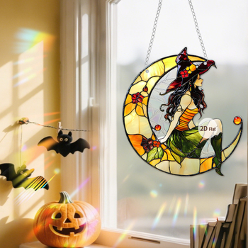 Κρεμαστό διακοσμητικό παραθύρου για το Χάλοουϊν σε σχήμα φεγγαριού με μάγισσα και κοράκι, ακρυλικό 2D με εκτύπωση στην επιφάνειά του