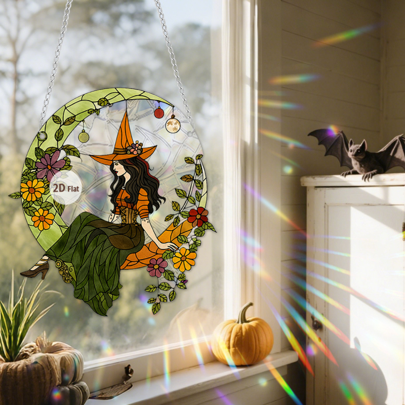 Κρεμαστό διακοσμητικό παραθύρου για το Χάλοουϊν σε σχήμα φεγγαριού με μάγισσα και κοράκι, ακρυλικό 2D με εκτύπωση στην επιφάνειά του