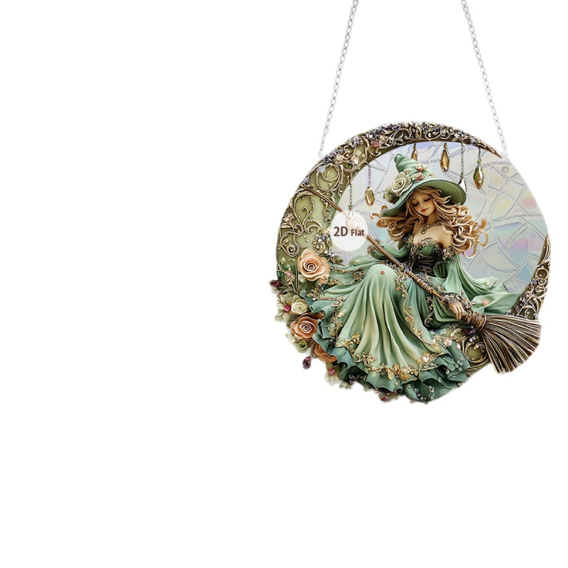 Κρεμαστό διακοσμητικό παραθύρου για το Χάλοουϊν σε σχήμα φεγγαριού με μάγισσα και κοράκι, ακρυλικό 2D με εκτύπωση στην επιφάνειά του