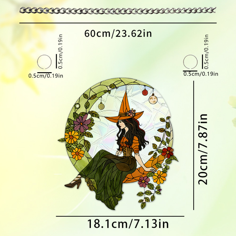 Κρεμαστό διακοσμητικό παραθύρου για το Χάλοουϊν σε σχήμα φεγγαριού με μάγισσα και κοράκι, ακρυλικό 2D με εκτύπωση στην επιφάνειά του