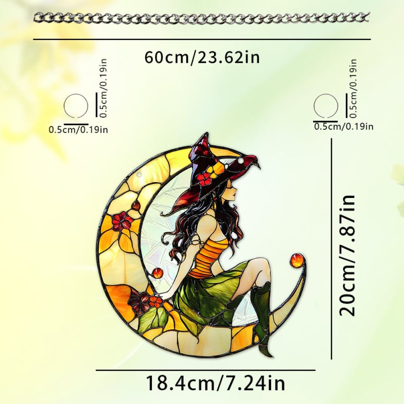 Κρεμαστό διακοσμητικό παραθύρου για το Χάλοουϊν σε σχήμα φεγγαριού με μάγισσα και κοράκι, ακρυλικό 2D με εκτύπωση στην επιφάνειά του