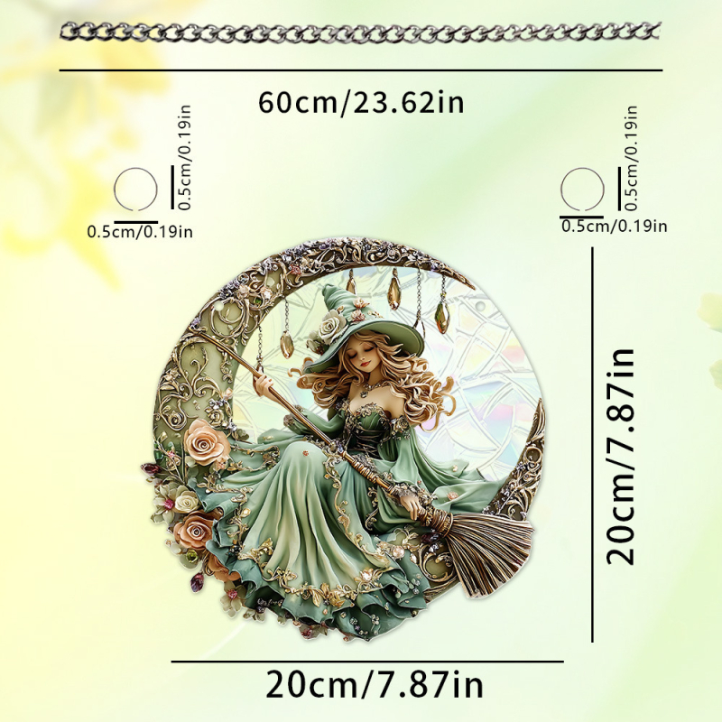 Κρεμαστό διακοσμητικό παραθύρου για το Χάλοουϊν σε σχήμα φεγγαριού με μάγισσα και κοράκι, ακρυλικό 2D με εκτύπωση στην επιφάνειά του