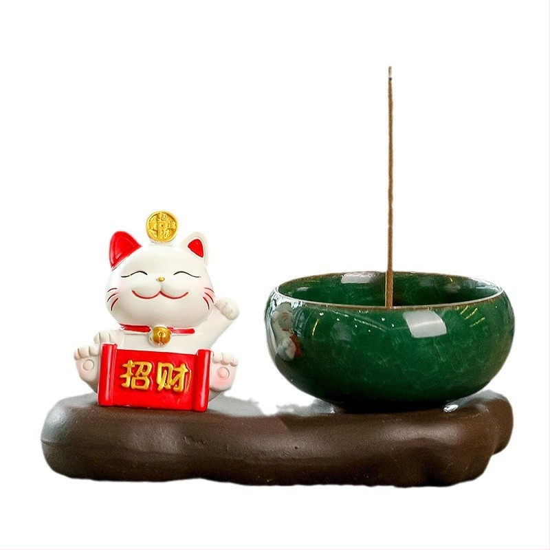 Maneki-neko füstölő tartó, gyanta anyagból, rajzfilmszerű stílus, Wisdom Forest márka, ideális ajándék