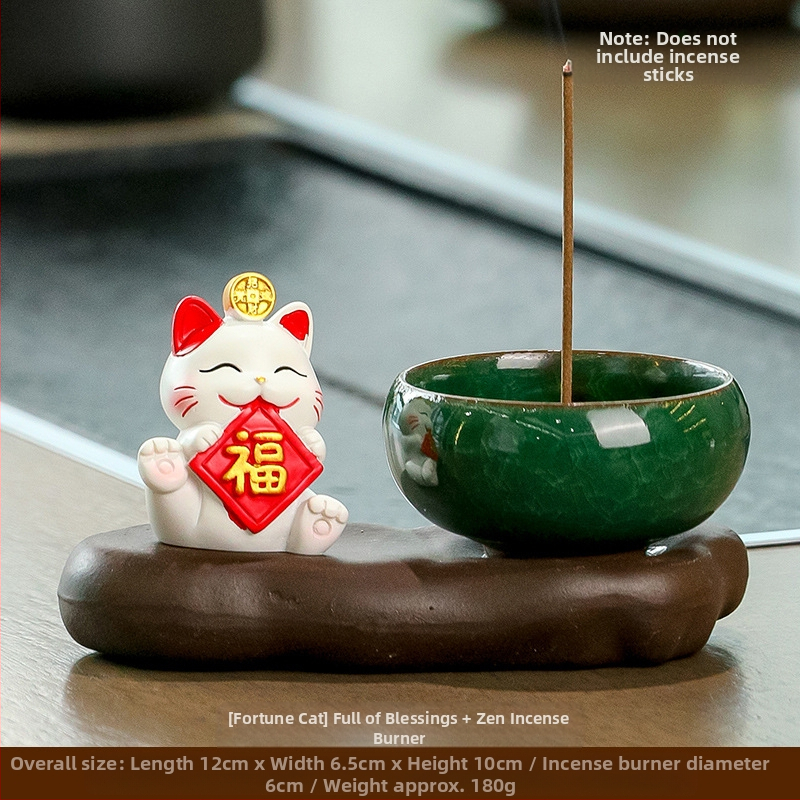 Maneki-neko füstölő tartó, gyanta anyagból, rajzfilmszerű stílus, Wisdom Forest márka, ideális ajándék