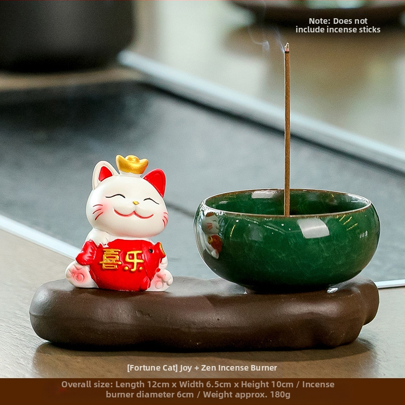 Maneki-neko füstölő tartó, gyanta anyagból, rajzfilmszerű stílus, Wisdom Forest márka, ideális ajándék