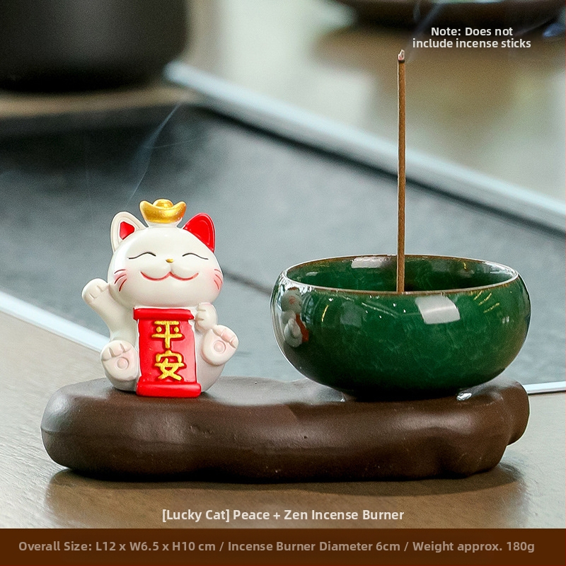 Maneki-neko füstölő tartó, gyanta anyagból, rajzfilmszerű stílus, Wisdom Forest márka, ideális ajándék