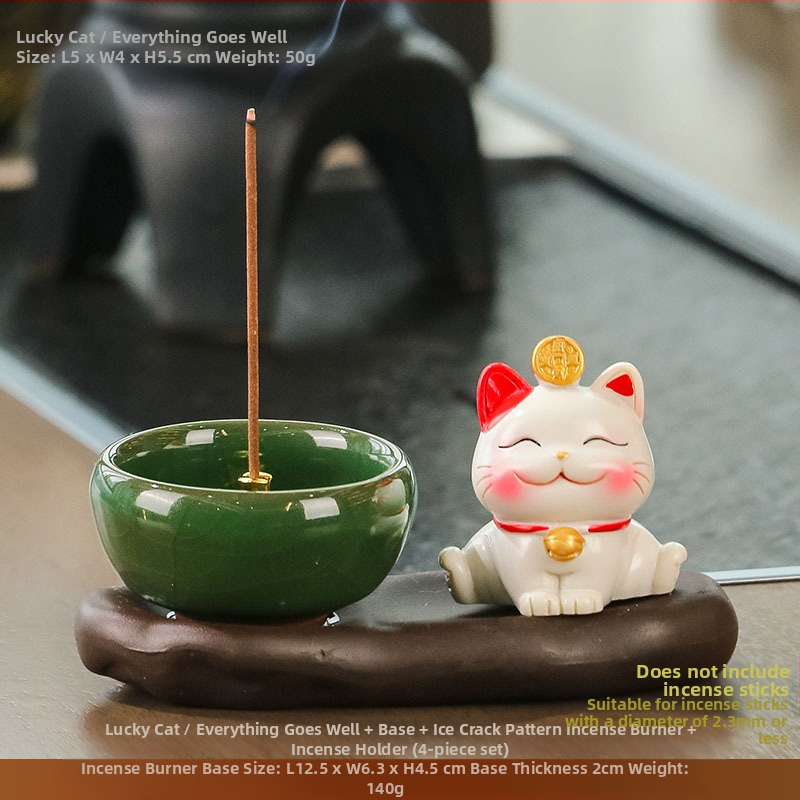 Maneki-neko füstölő tartó, gyanta anyagból, rajzfilmszerű stílus, Wisdom Forest márka, ideális ajándék