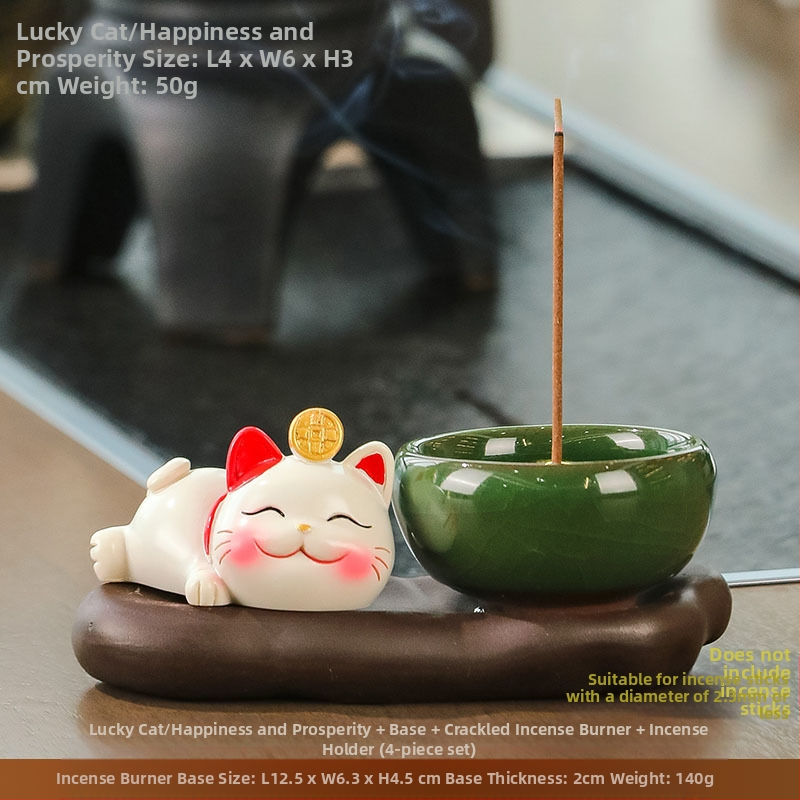 Maneki-neko füstölő tartó, gyanta anyagból, rajzfilmszerű stílus, Wisdom Forest márka, ideális ajándék