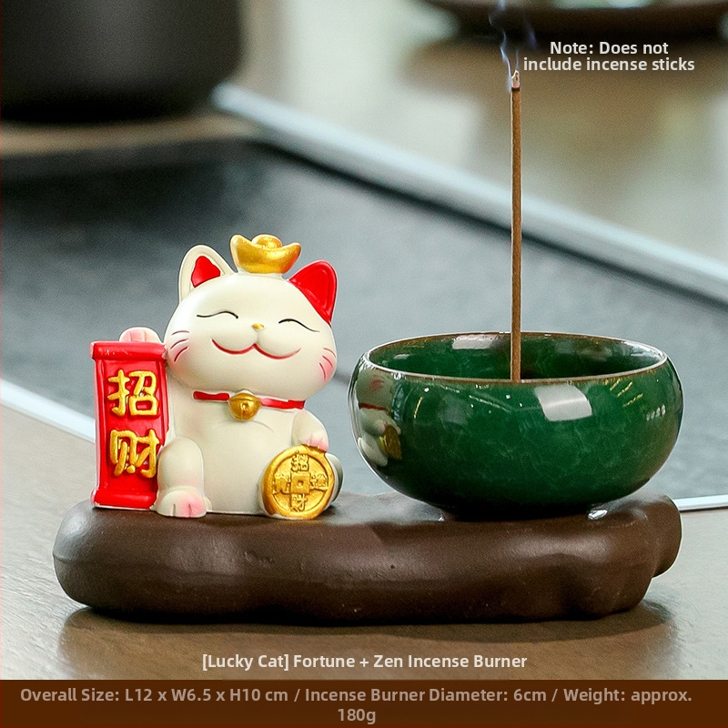Maneki-neko füstölő tartó, gyanta anyagból, rajzfilmszerű stílus, Wisdom Forest márka, ideális ajándék