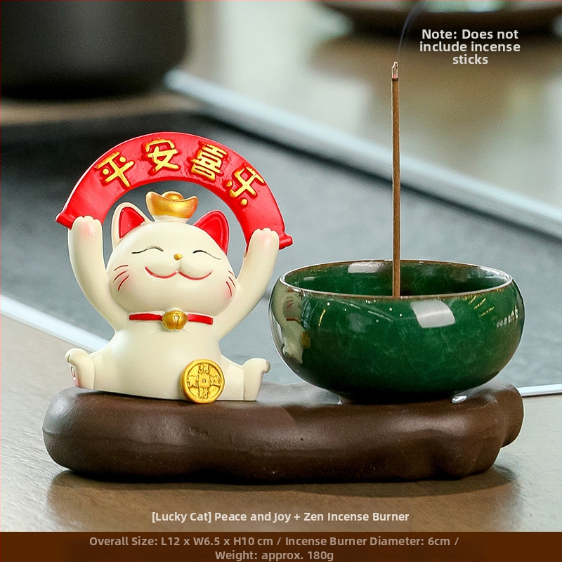 Maneki-neko füstölő tartó, gyanta anyagból, rajzfilmszerű stílus, Wisdom Forest márka, ideális ajándék