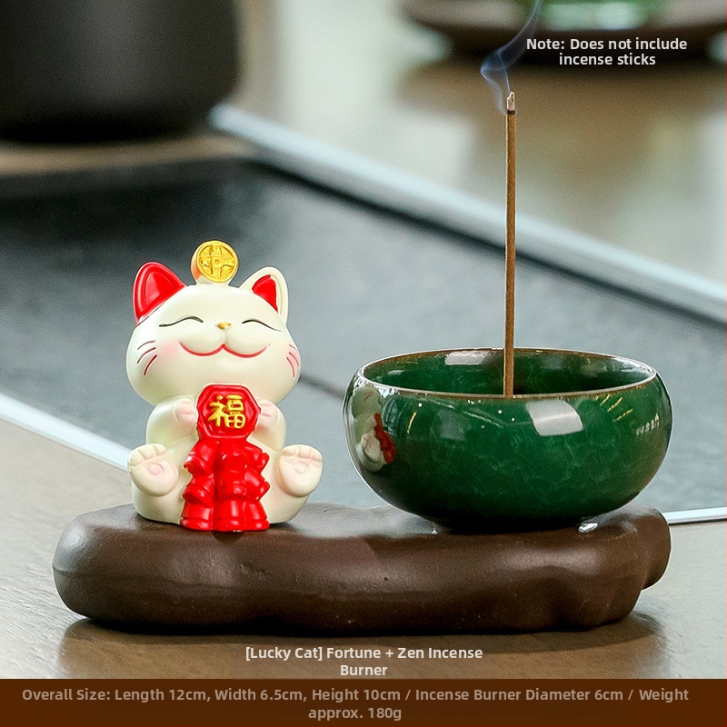 Maneki-neko füstölő tartó, gyanta anyagból, rajzfilmszerű stílus, Wisdom Forest márka, ideális ajándék