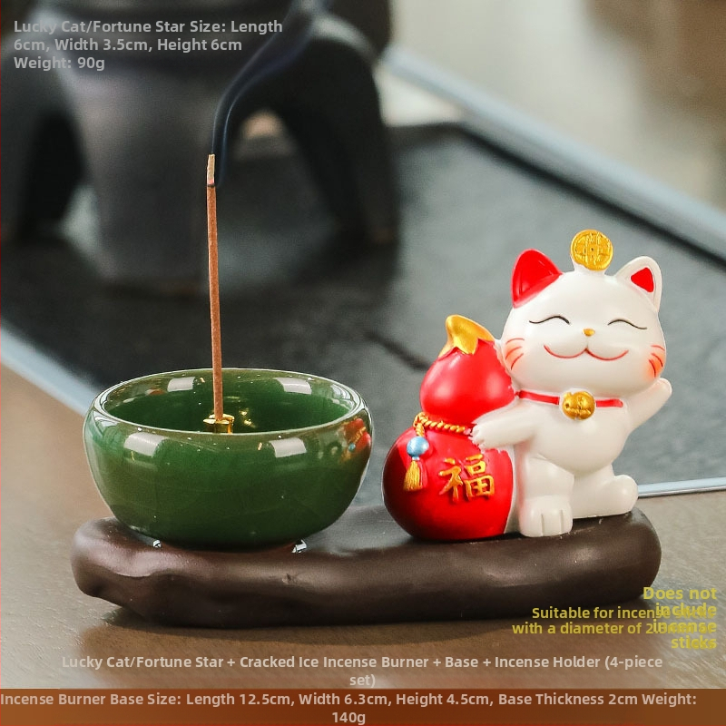 Maneki-neko füstölő tartó, gyanta anyagból, rajzfilmszerű stílus, Wisdom Forest márka, ideális ajándék