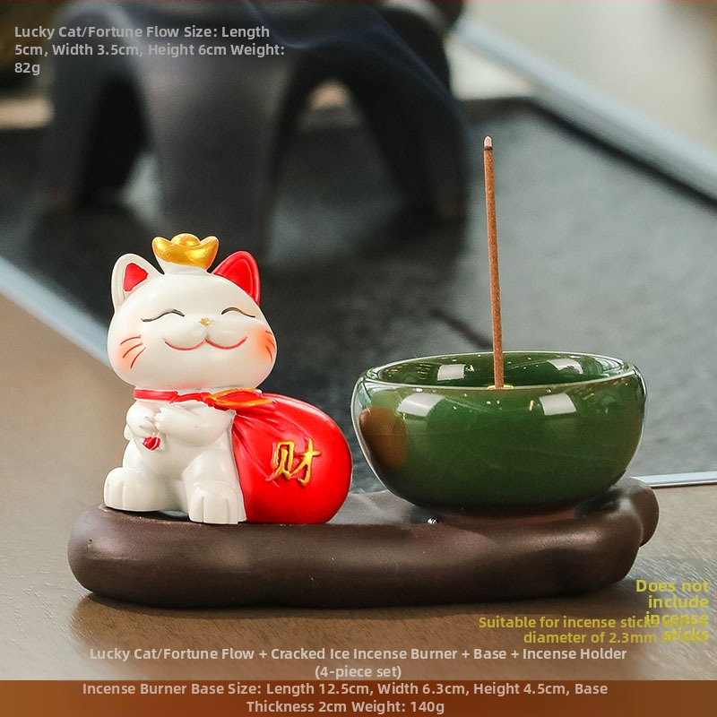 Maneki-neko füstölő tartó, gyanta anyagból, rajzfilmszerű stílus, Wisdom Forest márka, ideális ajándék