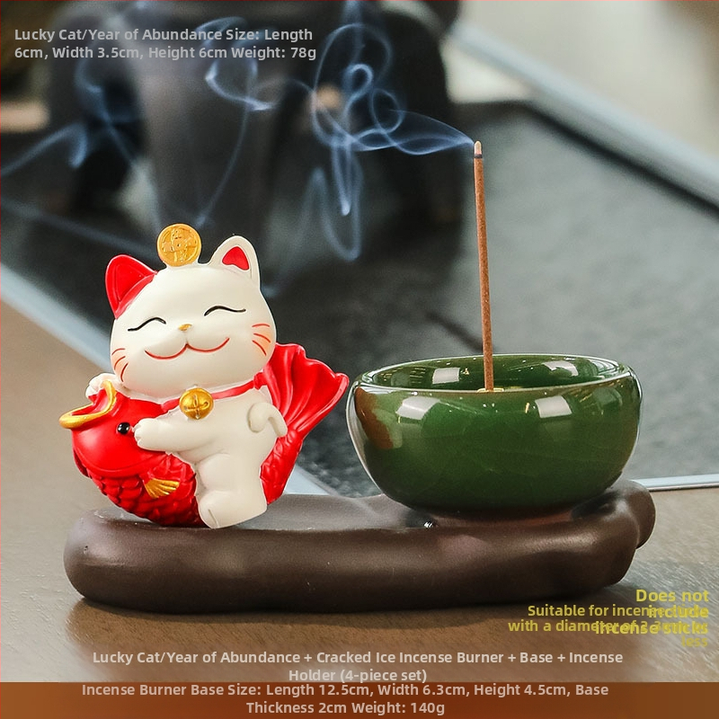 Maneki-neko füstölő tartó, gyanta anyagból, rajzfilmszerű stílus, Wisdom Forest márka, ideális ajándék