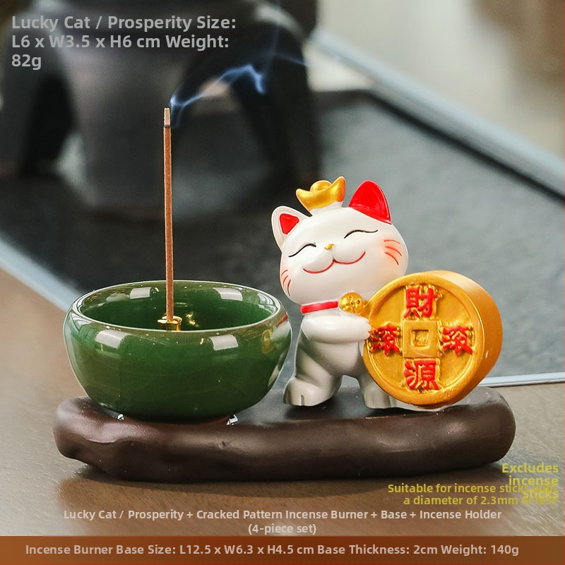 Maneki-neko füstölő tartó, gyanta anyagból, rajzfilmszerű stílus, Wisdom Forest márka, ideális ajándék