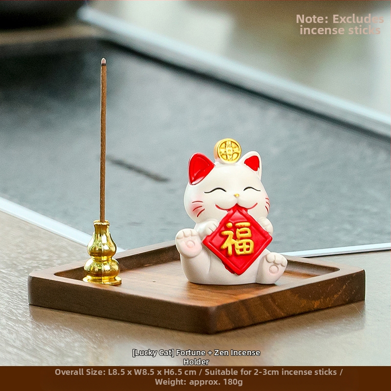 Maneki-neko füstölő tartó, gyanta anyagból, rajzfilmszerű stílus, Wisdom Forest márka, ideális ajándék