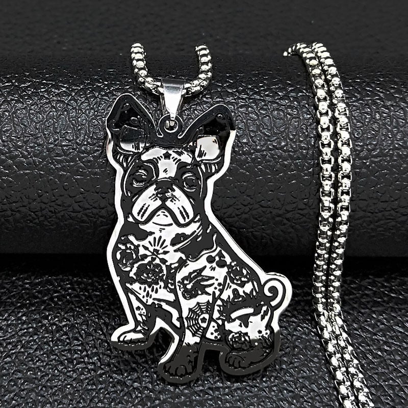 Унисекс колие от неръждаема стомана с ланец тип кутийка и геометрична висулка – сладък френски булдог, 30 г, хип-хоп стил