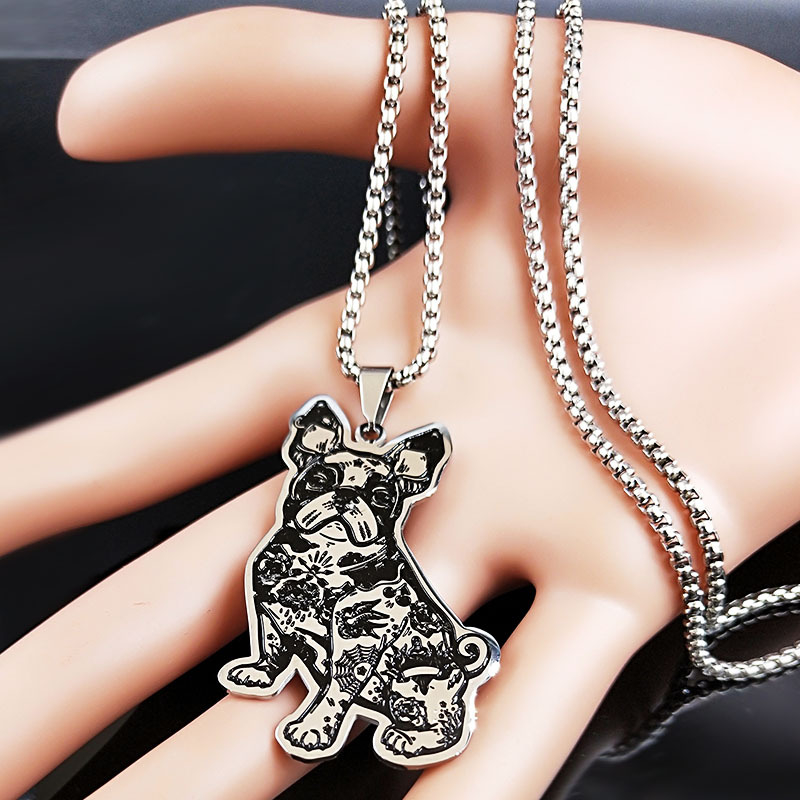 Унисекс колие от неръждаема стомана с ланец тип кутийка и геометрична висулка – сладък френски булдог, 30 г, хип-хоп стил