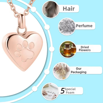 Širdies formos titano plieno kaklo papuošalas gyvūno atminimui su atidaromu kvepalų buteliuku, poliruota apdaila