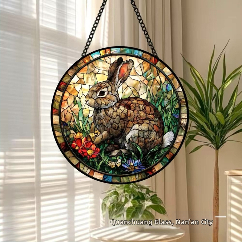 Декоративна висяща закачалка за врата за Великден с зайче и яйце, ретро витражно стъкло, уловител на слънчева светлина, кръгла форма, дигитален печат