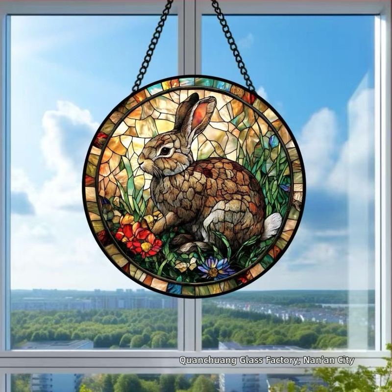 Декоративна висяща закачалка за врата за Великден с зайче и яйце, ретро витражно стъкло, уловител на слънчева светлина, кръгла форма, дигитален печат