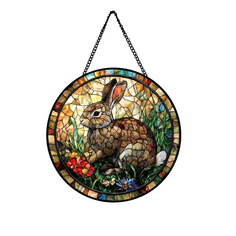 Κύκλική γυάλινη διακοσμητική κρεμαστή διακόσμηση πόρτας Πάσχα με κουνελάκι και αυγό, ρετρό βιτρά, συλλέκτης ήλιου με ψηφιακή εκτύπωση