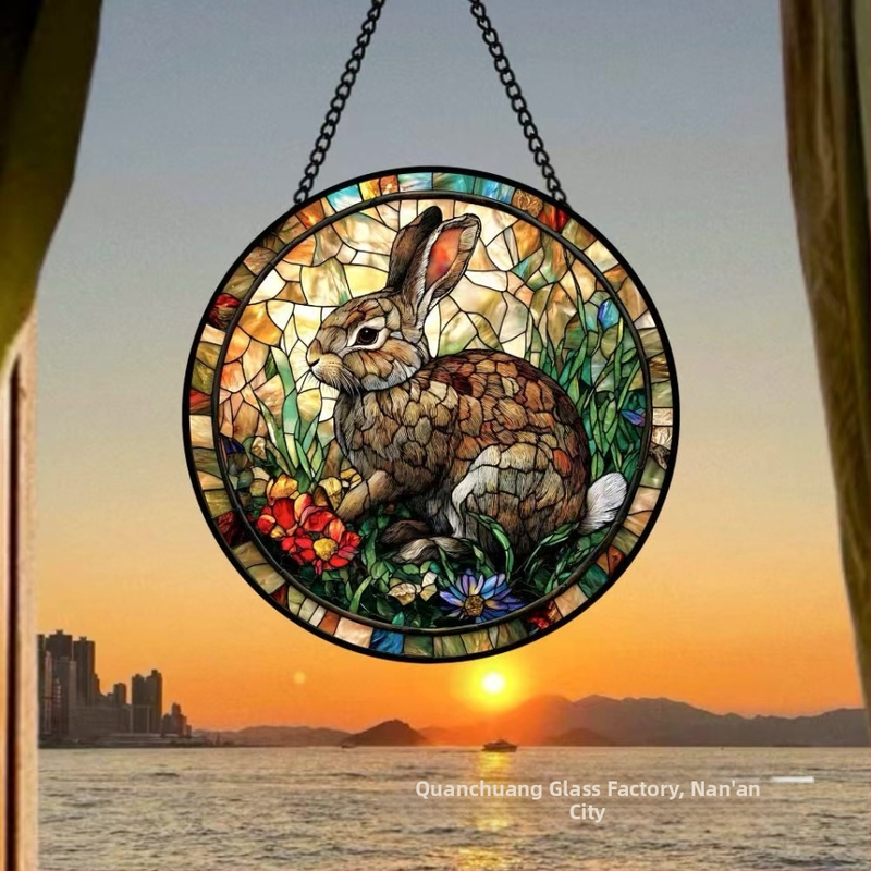 Κύκλική γυάλινη διακοσμητική κρεμαστή διακόσμηση πόρτας Πάσχα με κουνελάκι και αυγό, ρετρό βιτρά, συλλέκτης ήλιου με ψηφιακή εκτύπωση