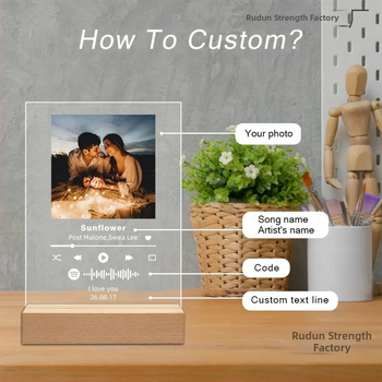 Акрилна музикална нощна лампа с фоторамка, дървена основа, модел YYDP, модерен минималистичен стил