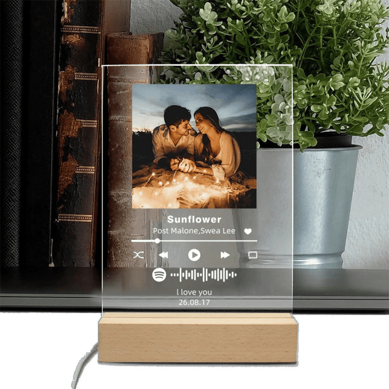 Акрилна музикална нощна лампа с фоторамка, дървена основа, модел YYDP, модерен минималистичен стил
