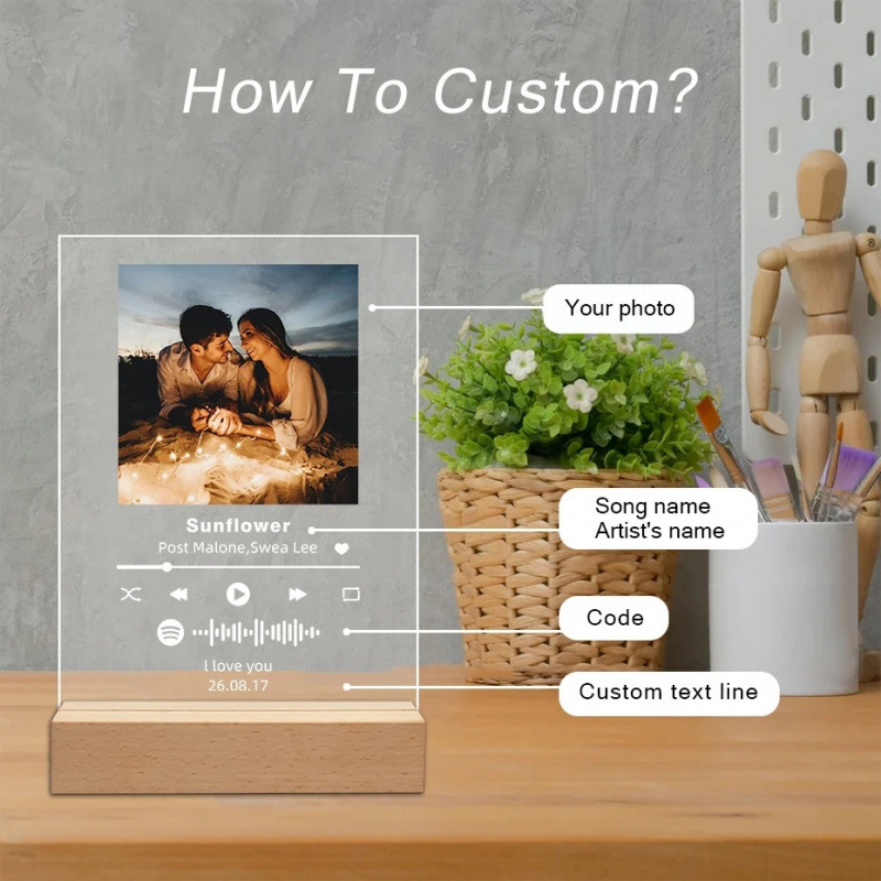 Акрилна музикална нощна лампа с фоторамка, дървена основа, модел YYDP, модерен минималистичен стил