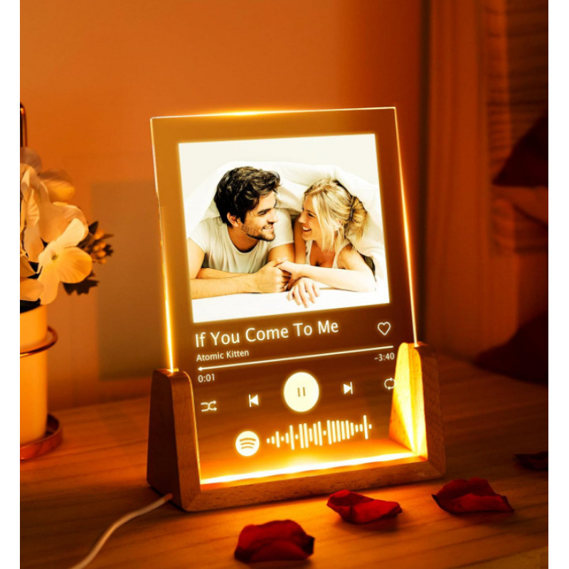 Акрилна музикална нощна лампа с фоторамка, дървена основа, модел YYDP, модерен минималистичен стил