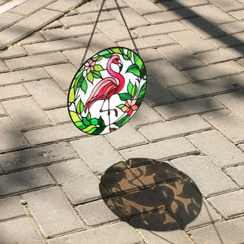 Γυάλινο διακοσμητικό τοίχου με φλαμίνγκο – χειροποίητη μεταξοτυπία, Light-Catcher, κυκλικό пасторал σχέδιο