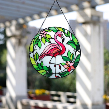 Γυάλινο διακοσμητικό τοίχου με φλαμίνγκο – χειροποίητη μεταξοτυπία, Light-Catcher, κυκλικό пасторал σχέδιο