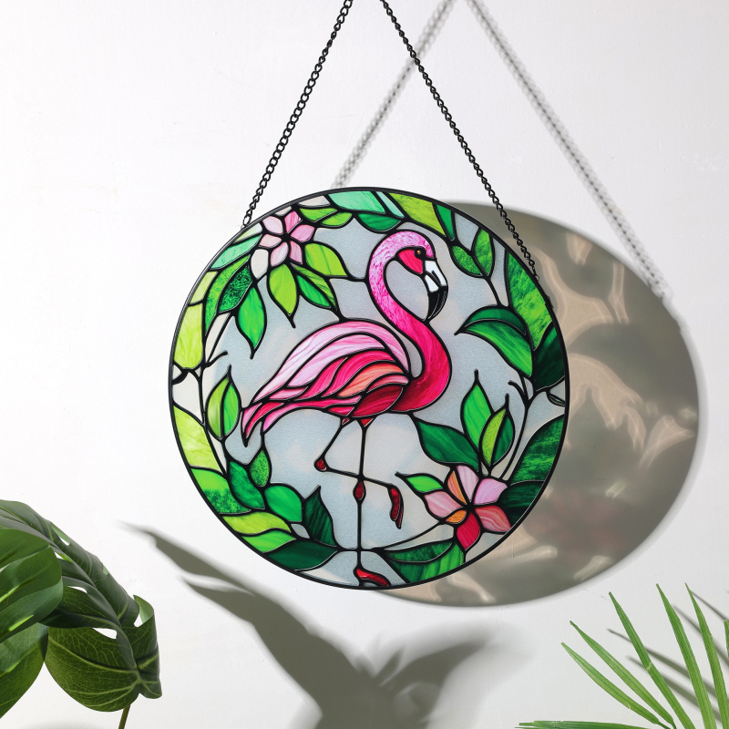 Γυάλινο διακοσμητικό τοίχου με φλαμίνγκο – χειροποίητη μεταξοτυπία, Light-Catcher, κυκλικό пасторал σχέδιο
