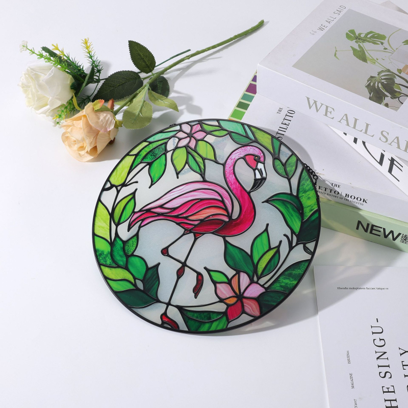 Γυάλινο διακοσμητικό τοίχου με φλαμίνγκο – χειροποίητη μεταξοτυπία, Light-Catcher, κυκλικό пасторал σχέδιο